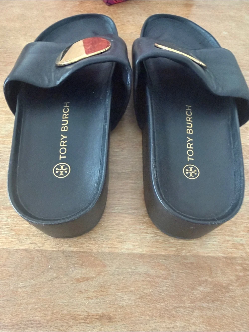 Tory Burch Patos Slide Leather Sandals Black & Gold Sz 7.5